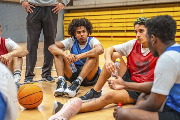 Basketball team resting and drinking water while listening to coach during time out in high school or college gym
