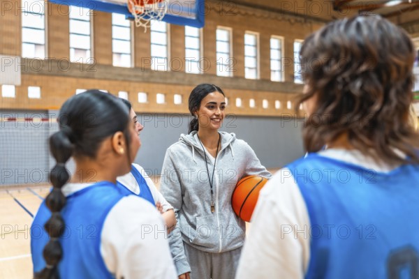 Female basketball coach holding a ball while engaging with her team during an intense training session in the gym, fostering teamwork and strategy