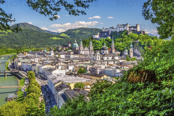 Panoramic view from the Mönchsberg with the churches of the old town and Hohensalzburg Fortress, Salzburg, Salzachtal, Salzburg County, Austria