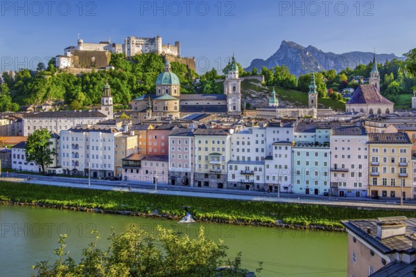 Panoramic view from the Kapuzinerberg over the Salzach to the old town with the Hohensalzburg Fortress to the Untersberg 1973m, Salzburg, Salzachtal, Salzburg County, Austria
