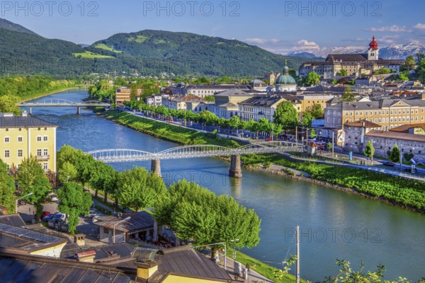 View from the Kapuzinerberg over the Salzach to Nonnberg Abbey, Salzburg, Salzach Valley, Salzburg Province, Austria