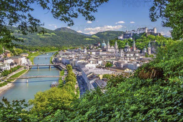 Panoramic view from the Mönchsberg with the Salzach, the churches of the old town and the Hohensalzburg Fortress, Salzburg, Salzach Valley, Salzburg County, Austria