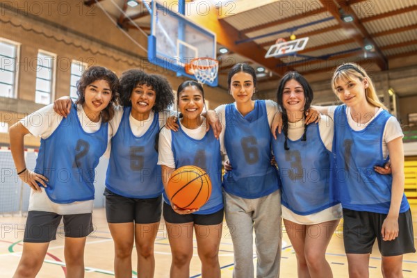 Diverse group of female basketball players hugging and holding ball, showcasing team unity and athletic spirit