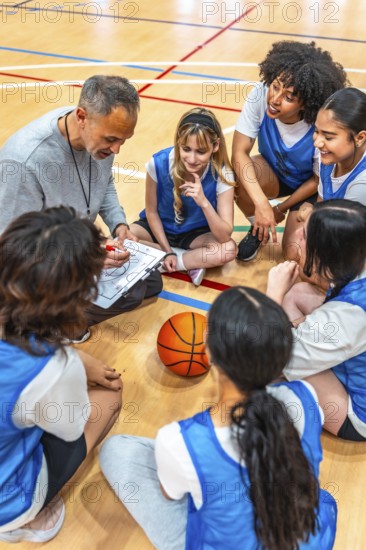 High angle view of a basketball coach drawing a play on a clipboard while sitting on the court with his female high school team