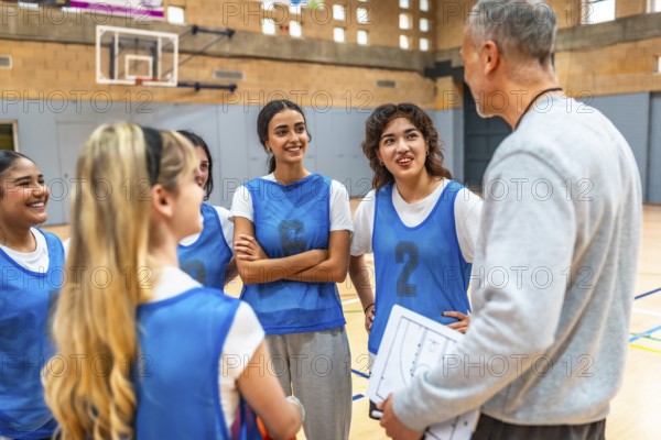 High school girls basketball team listening to their coach explain game strategy on a clipboard in a gym