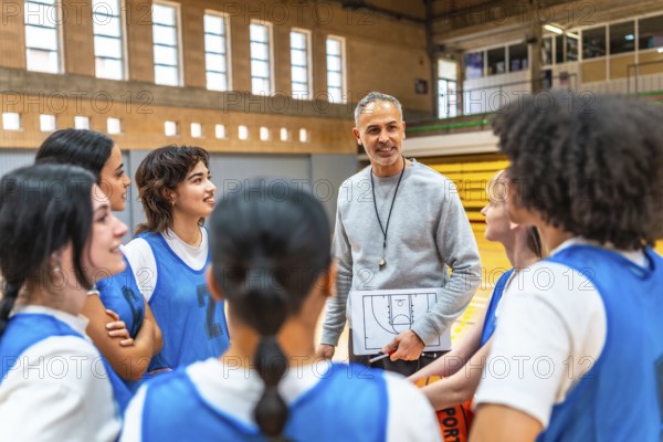 Basketball coach holding clipboard and explaining game strategy to a group of female athletes in a gymnasium