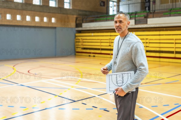 Mature basketball coach holding clipboard with game strategy explaining tactics to team players in indoor court