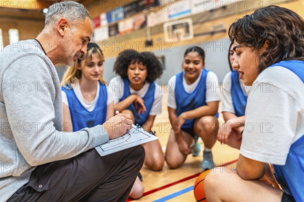 Basketball coach drawing a play on a clipboard and explaining game strategy to his female team players