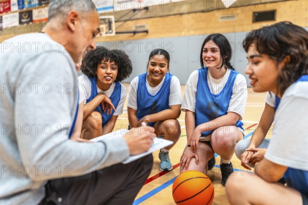 Basketball coach briefing his female team during a time out, taking notes and discussing game strategy