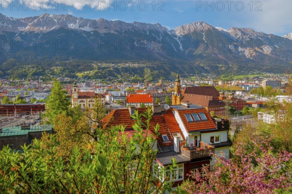 City view with Wilten Abbey in front of the northern chain of the Karwendel Mountains, Innsbruck, Inntal, Tyrolean Alps, Tyrol, Austria