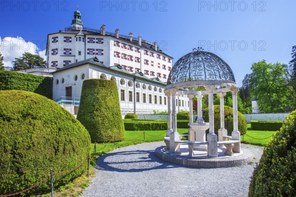 Castle garden with Ambras Castle on the outskirts of the city, Innsbruck, Inntal, Tyrolean Alps, Tyrol, Austria