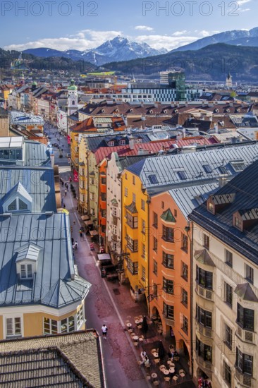 Old town roofs above the Herzog-Friedrich-Strasse with the Serles 2717m, Innsbruck, Inntal, Tyrolean Alps, Tyrol, Austria