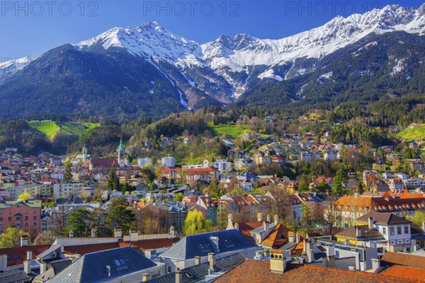 City view with the Hungerburg district in front of the Nordkette from the Karwendel Mountains, Innsbruck, Inntal, Tyrolean Alps, Tyrol, Austria