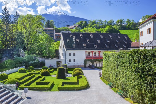 Castle garden of Ambras Castle on the outskirts of the city in front of the Patscherkofel 2246m, Innsbruck, Inntal, Tyrolean Alps, Tyrol, Austria