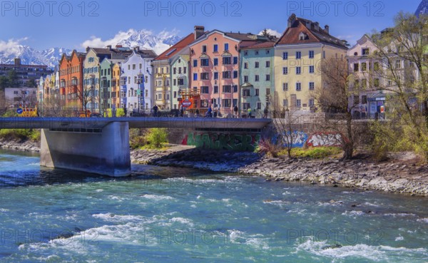 Coloured house front on the banks of the Inn, Innsbruck, Inn Valley, Tyrolean Alps, Tyrol, Austria