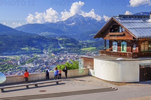 Viewing terrace on the Hungerburg with views of the city and Serles 2717m, Innsbruck, Inntal, Tyrolean Alps, Tyrol, Austria
