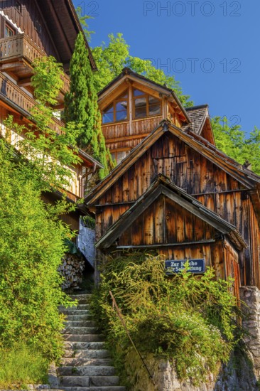 Houses on the steep bank above the lake, Hallstatt, Lake Hallstatt, UNESCO World Heritage Site, Salzkammergut, Upper Austria, Austria