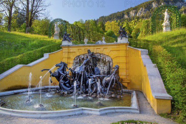 Neptune Fountain at Linderhof Castle in spring, municipality of Ettal, Ammergau Alps, Ammertal, Upper Bavaria, Bavaria, Germany