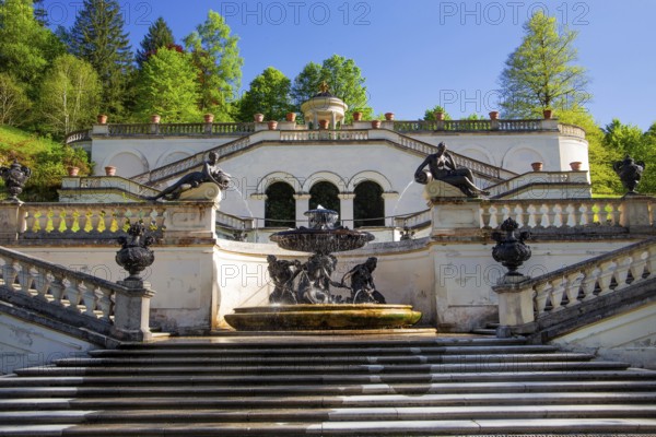 Terraces of the Temple of Venus in the park of Linderhof Castle in spring, municipality of Ettal, Ammergau Alps, Ammertal, Upper Bavaria, Bavaria, Germany