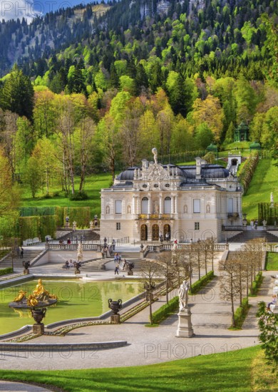 Water parterre with the portal of Linderhof Castle in spring, municipality of Ettal, Ammergau Alps, Ammertal, Upper Bavaria, Bavaria, Germany