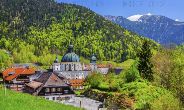 Ettal Monastery in spring, municipality of Ettal, Ammergau Alps, Upper Bavaria, Bavaria, Germany