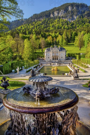 Fountain at the Temple of Venus with the water parterre of Linderhof Castle in spring, municipality of Ettal, Ammergau Alps, Ammertal, Upper Bavaria, Bavaria, Germany