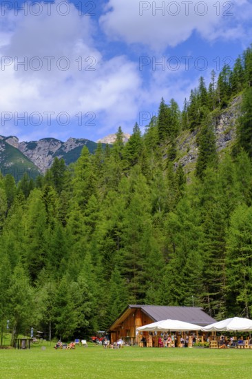 Baita Spiaggia Verde on the Boite river, near Cortina d'Ampezzo, Dolomites, Trentino, Italy
