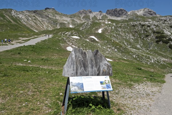 View from the Höfatsblick mountain station of the Nebelhorn cable car to the Nebelhorn and Hintersteiner via ferrata, Oberstdorf, Allgäu Alps, Oberallgäu, Bavaria, Germany
