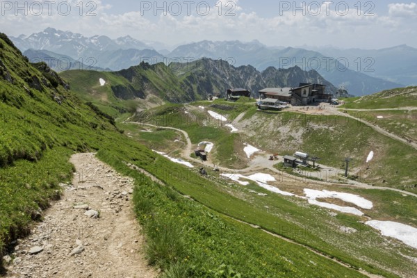 Hiking trail to the Nebelhorn summit, behind Edmund-Probst-Haus and Höfatsblick mountain station of the Nebelhornbahn, behind mountains of the Allgäu Alps, Oberstdorf, Oberallgäu, Bavaria, Germany
