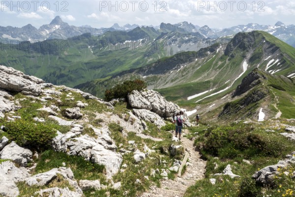 Hiking trail, view of the Allgäu Alps from the Nebelhorn, Hochvogel in the background, Oberstdorf, Oberallgäu, Allgäu, Bavaria, Germany
