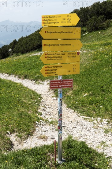 Hiking signpost on the Nebelhorn, Oberstdorf, Allgäu Alps, Oberallgäu, Bavaria, Germany