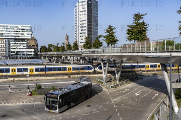 The Moreelsebrug, pedestrian and cycle bridge over the tracks of Utrecht Centraal, Central Station, Greened with trees, Netherlands