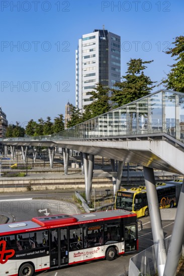 The Moreelsebrug, pedestrian and cycle bridge over the tracks of Utrecht Centraal, Central Station, Greened with trees, Netherlands
