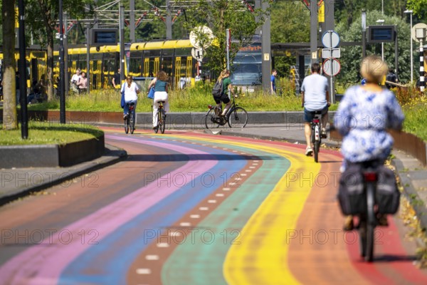 Rainbow cycle path through the university campus in Utrecht Science Park, 570 metres long, Utrecht University, the Utrecht University of Applied Sciences and UMC Utrecht University Hospital, set an example for acceptance, equal treatment and safety of the LHBTIQ+ community, public transport connection, Netherlands