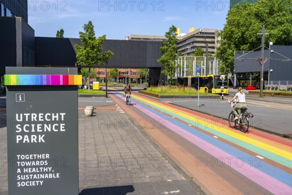 Rainbow cycle path through the university campus in Utrecht Science Park, 570 metres long, Utrecht University, Utrecht University of Applied Sciences and UMC Utrecht University Hospital, set an example for acceptance, equal treatment and safety of the LHBTIQ+ community Netherlands