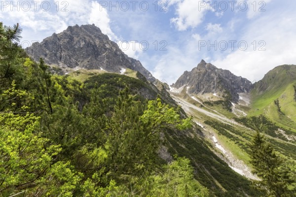 Panoramic view of the small and large Widderstein mountain peaks in Gemsteltal with green vegetation under a cloudy sky in Kleinwalsertal, Austria