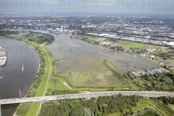 Nature reserve, wooden harbour, Moorfleet, Hamburg, aerial view