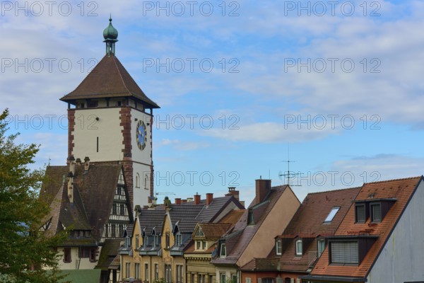 Schwabentor and half-timbered houses under a blue sky, Freiburg im Breisgau, Black Forest, Baden-Württemberg, Germany