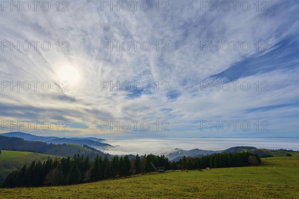Sunny landscape with hills, forests and a dense cloud cover, Schauinsland, Freiburg im Breisgau, Black Forest, Baden-Württemberg, Germany