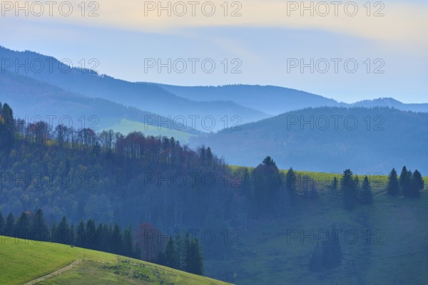 Mountain ranges and forests rise gently, Schauinsland, Freiburg im Breisgau, Black Forest, Baden-Württemberg, Germany