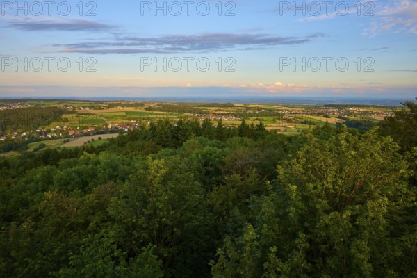 View over wooded hills and fields at sunrise, Katzenbuckel, Waldbrunn, Neckar-Odenwald-Kreis, Odenwald, Baden-Württemberg, Germany