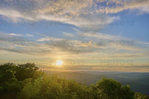 Landscape at sunset and quiet atmosphere, Katzenbuckel, Waldbrunn, Neckar-Odenwald-Kreis, Odenwald, Baden-Württemberg, Germany