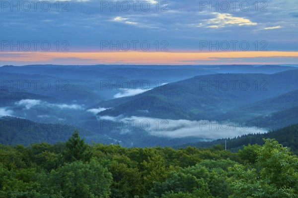 Quiet mountain landscape, fog and clouds in the valley, sunrise, Katzenbuckel, Waldbrunn, Neckar-Odenwald-Kreis, Odenwald, Baden-Württemberg, Germany