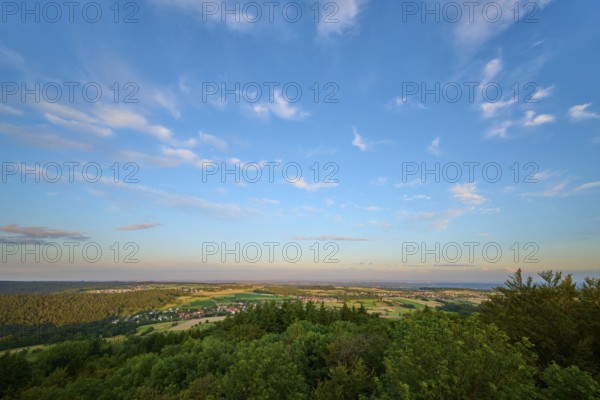 Vast landscape under a blue sky with scattered clouds, Katzenbuckel, Waldbrunn, Neckar-Odenwald-Kreis, Odenwald, Baden-Württemberg, Germany