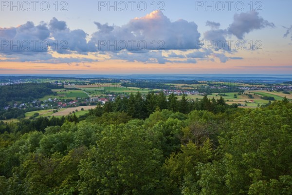 View of a wide landscape with forests, fields, sunrise, Katzenbuckel, Waldbrunn, Neckar-Odenwald-Kreis, Odenwald, Baden-Württemberg, Germany