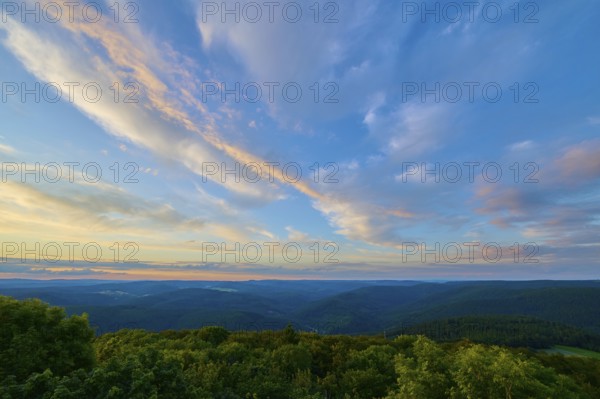 Pink and blue clouds over a tree landscape, sunset, Katzenbuckel, Waldbrunn, Neckar-Odenwald-Kreis, Odenwald, Baden-Württemberg, Germany