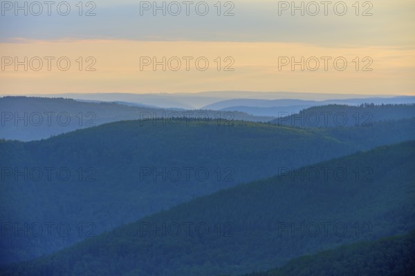 Hills characterised by light and shadows at sunrise, peaceful atmosphere, Katzenbuckel, Waldbrunn, Neckar-Odenwald-Kreis, Odenwald, Baden-Württemberg, Germany