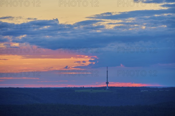 Atmospheric sunrise, transmission mast, Reisenbach transmitter, seen from the Katzenbuckel, Reisenbach, Mudau, Neckar-Odenwald-Kreis, Odenwald, Baden-Württemberg, Germany