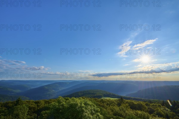 Clear morning sky over a vast landscape with only a few clouds, Katzenbuckel, Waldbrunn, Neckar-Odenwald-Kreis, Odenwald, Baden-Württemberg, Germany