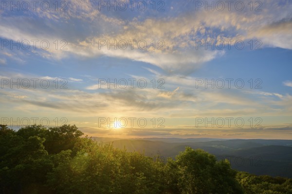 Peaceful landscape at sunset with wide views, Katzenbuckel, Waldbrunn, Neckar-Odenwald-Kreis, Odenwald, Baden-Württemberg, Germany